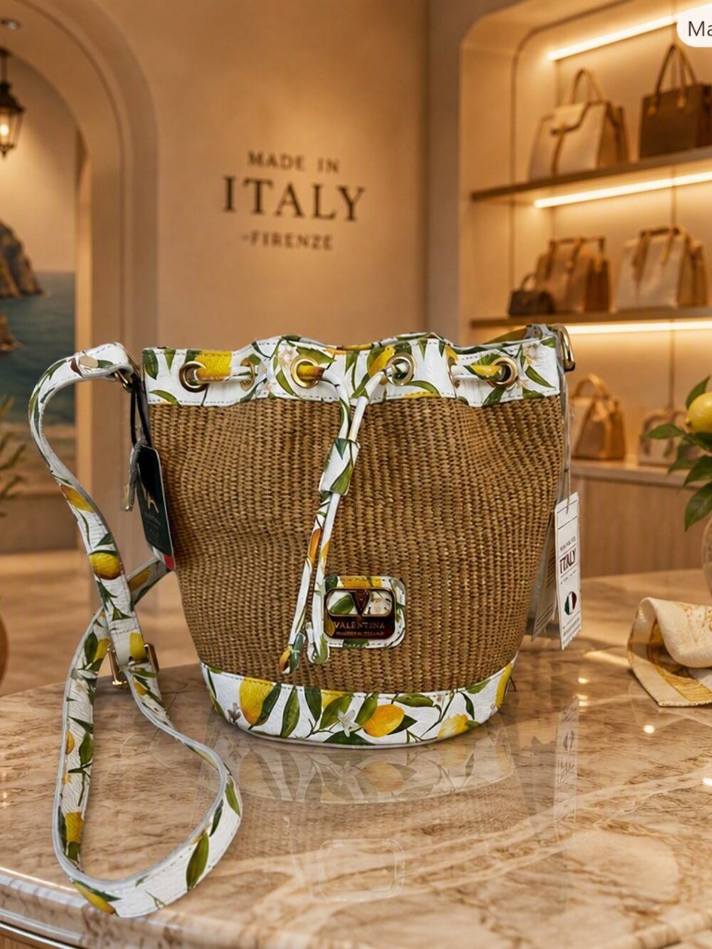 Valentina Lemon Print Leather & Straw Bucket Bag NWT